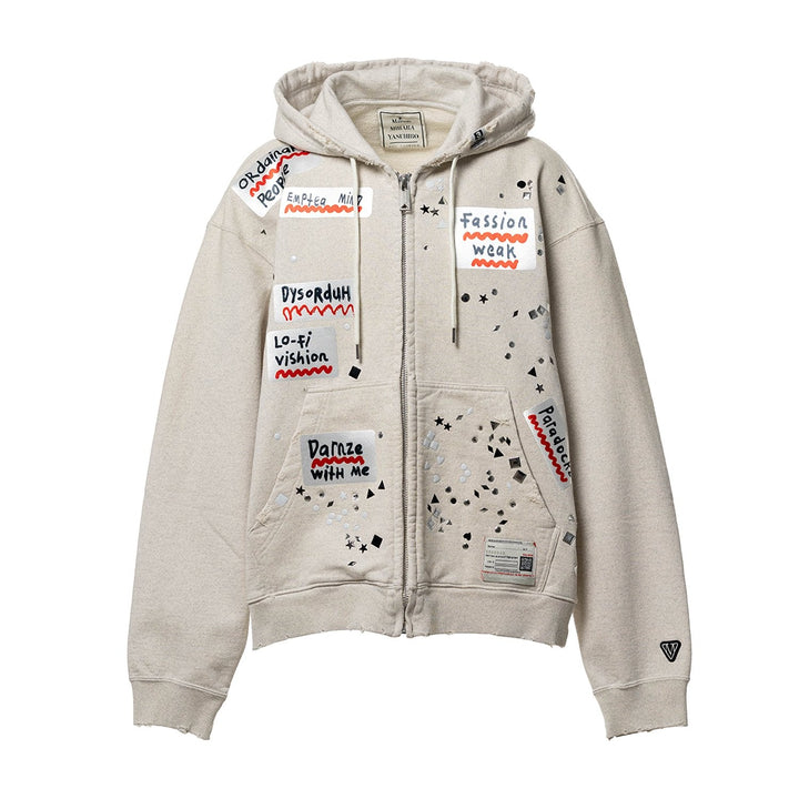 Embellished Sticker Zip-Up Hoodie