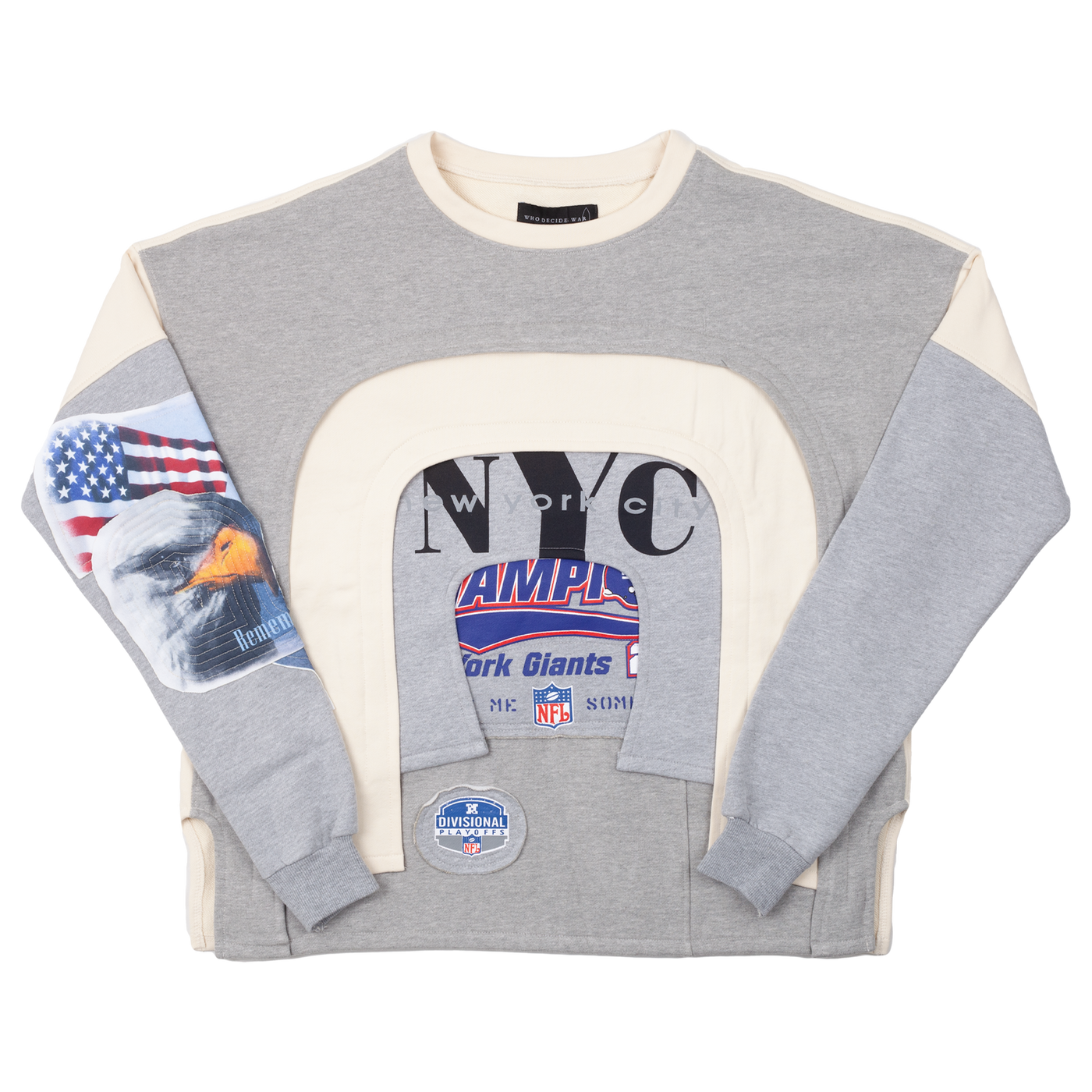 WHO DECIDES WAR ARCHED COLLAGE CREWNECK SWEATER