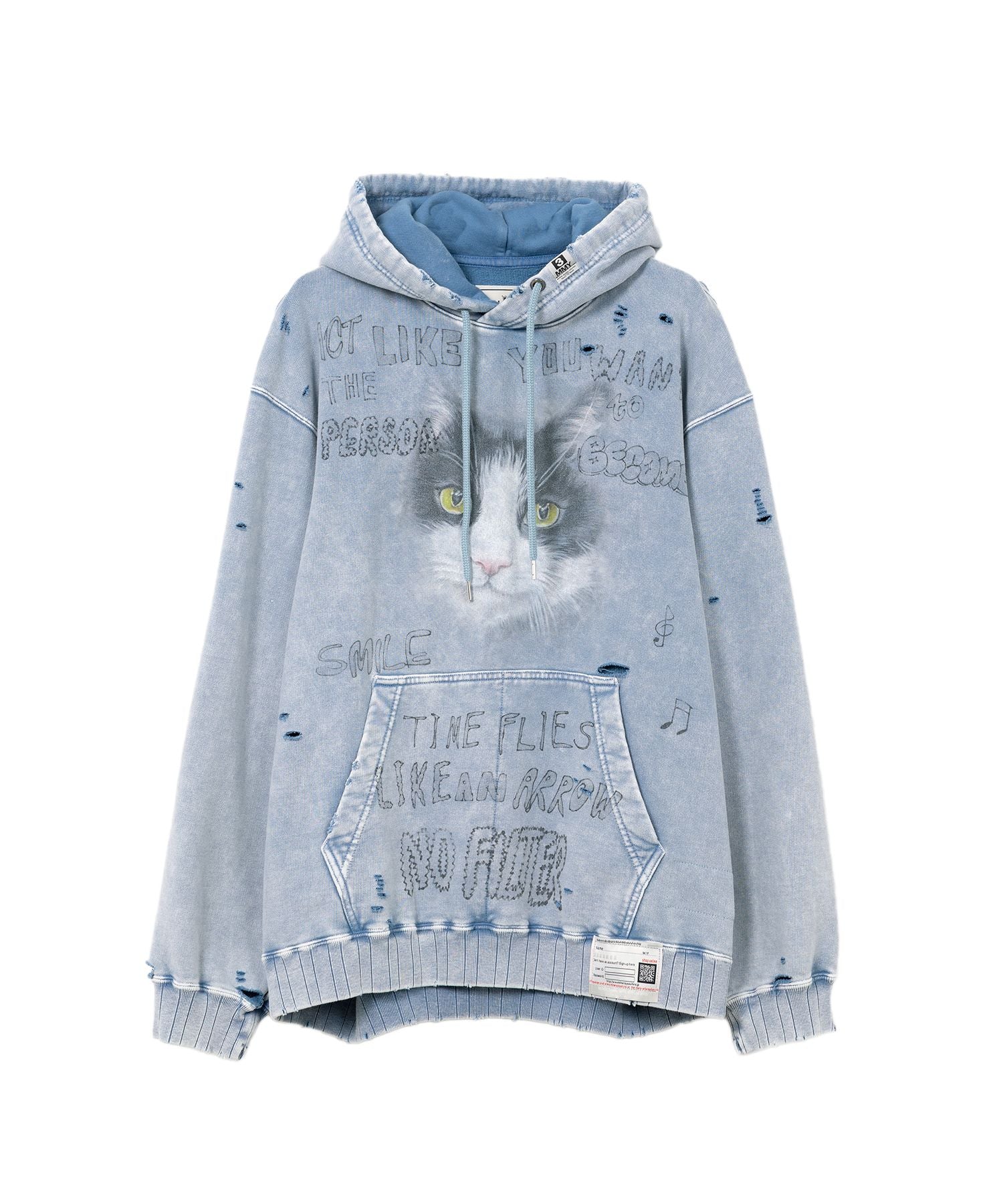 メゾンミハラヤスヒロ　Cat Print Distressed Hoodie Black Bleached Cat Print Hoodie by Maison MIHARA YASUHIRO on Sale